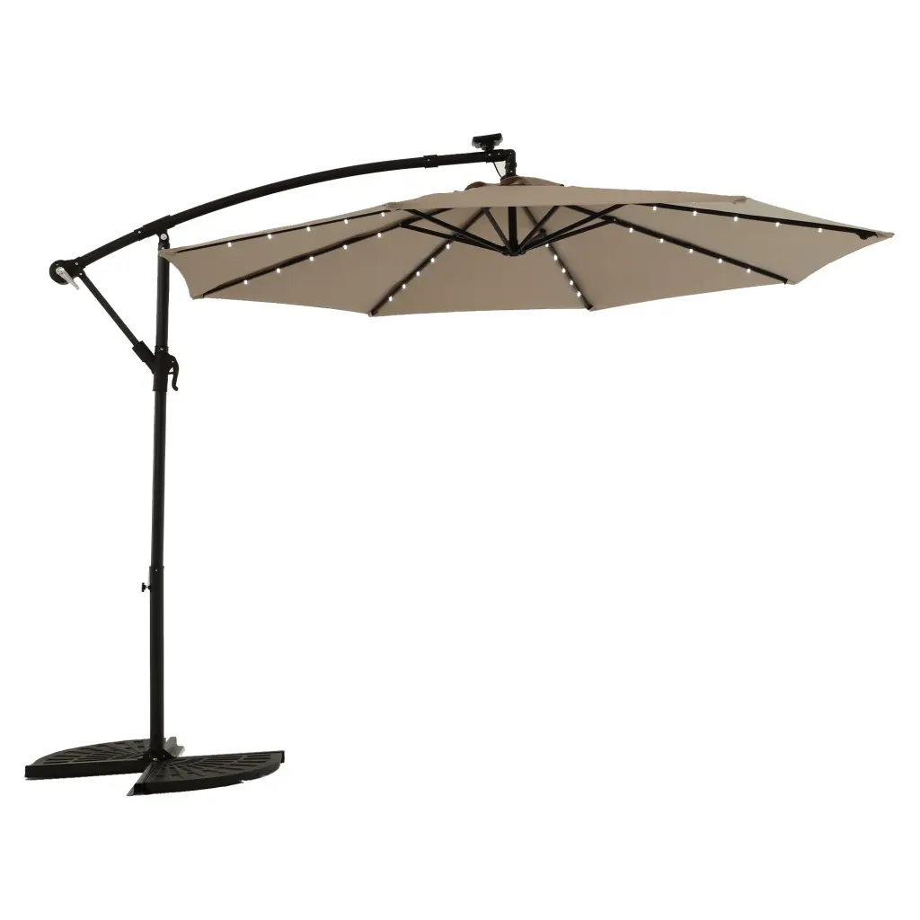 10Ft Solar LED Offset Hanging Market Patio Umbrella Khaki hifine outdoor furniture w-640