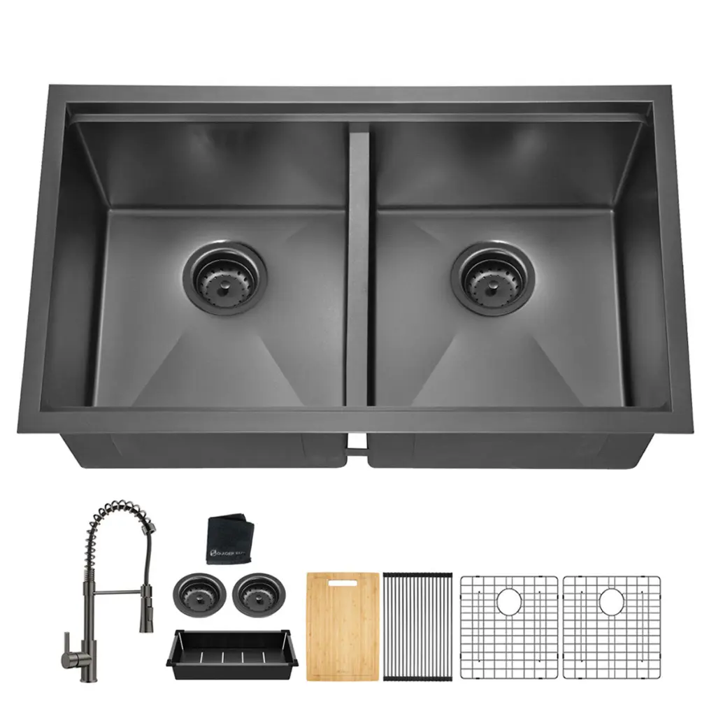 All One 33X19Inch Undermount Gunmetal Black Double Bowl Kitchen Sink alwen