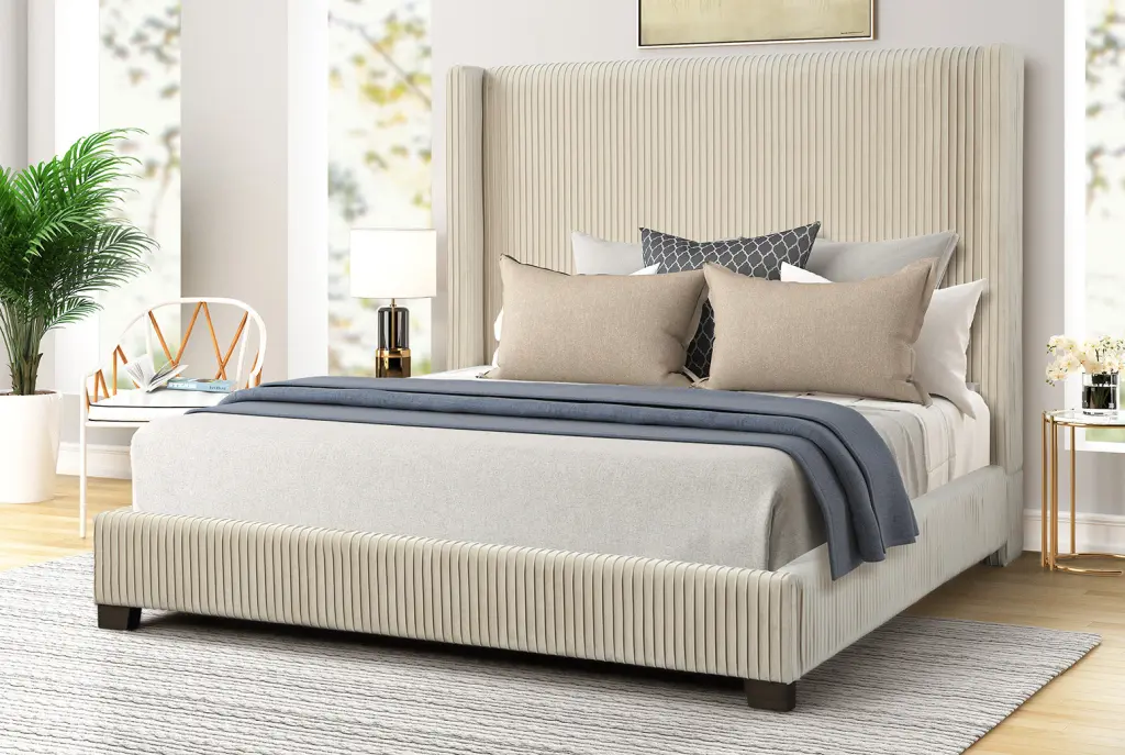 Queen Upholstered Bed Box Beige Required Box Spring ihomefurnishings