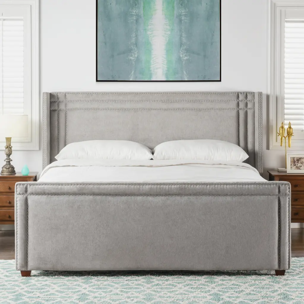 Elle Wingsupport Upholstered King Bed Silver Grey Polyester jennifer taylor home