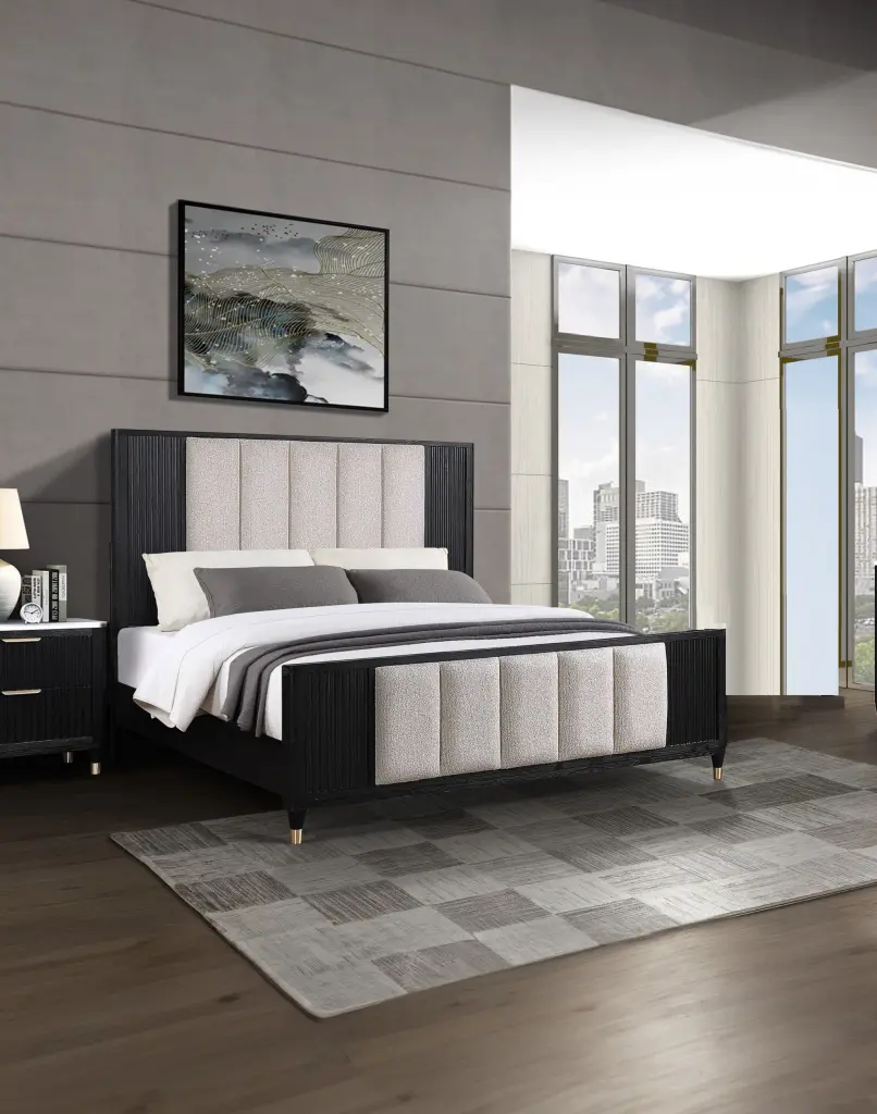 1Pc Black Finish King Upholstered Panel Bed Upholstered Headboard Footboard kanepe
