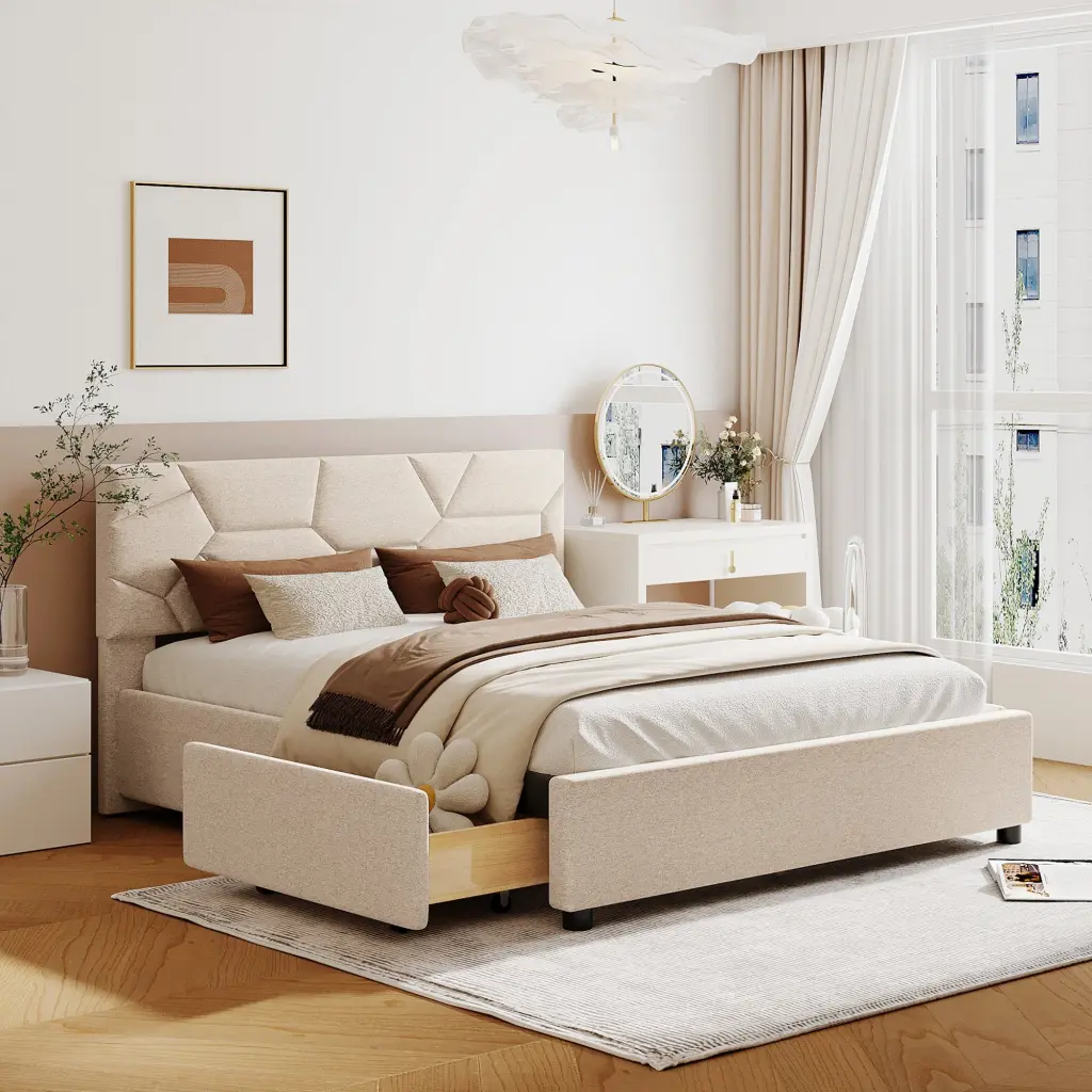 Queen Upholstered Platform Bed Brick Pattern Headboard and 4 Storage Drawers lucky furniture