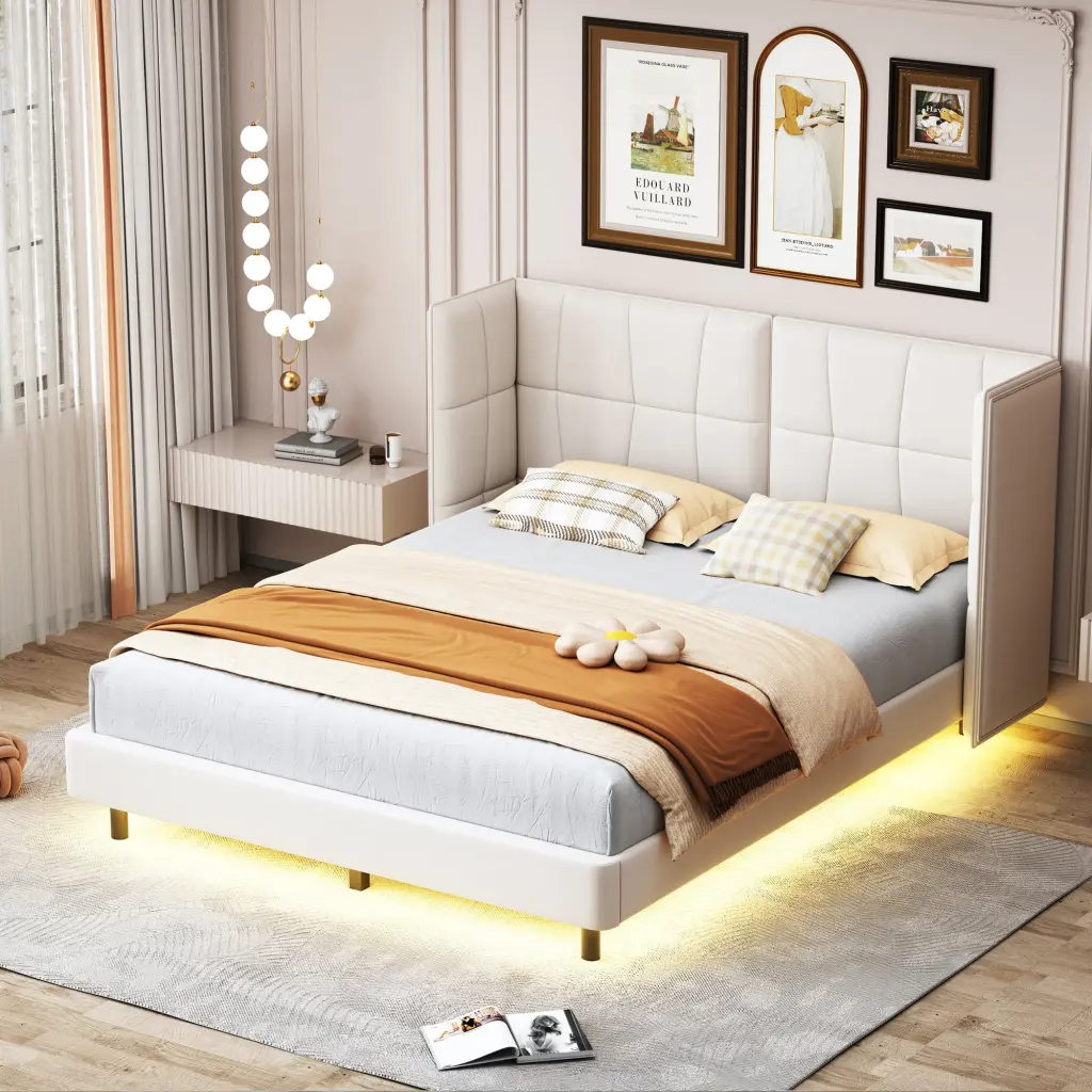 Queen Upholstered Platform Bed LED Lights and U Shaped Headboard lucky world