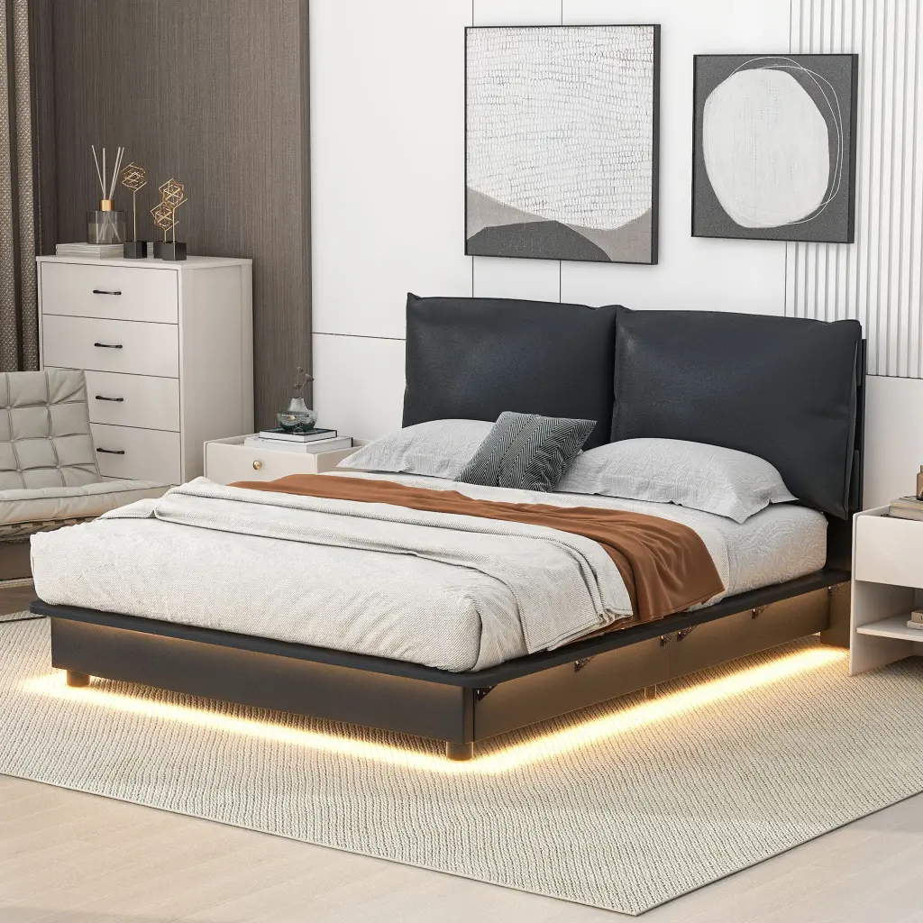 Queen Upholstered Platform Bed Sensor Light and Comfort-fit Design lucky world