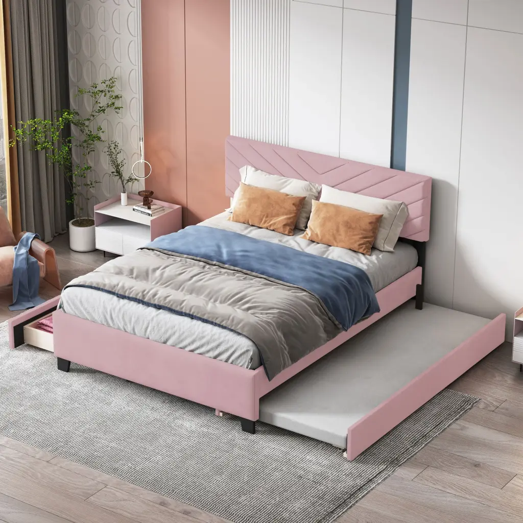 Queen Upholstered Platform Bed Twill Headboard and Pullout Storage lucky world