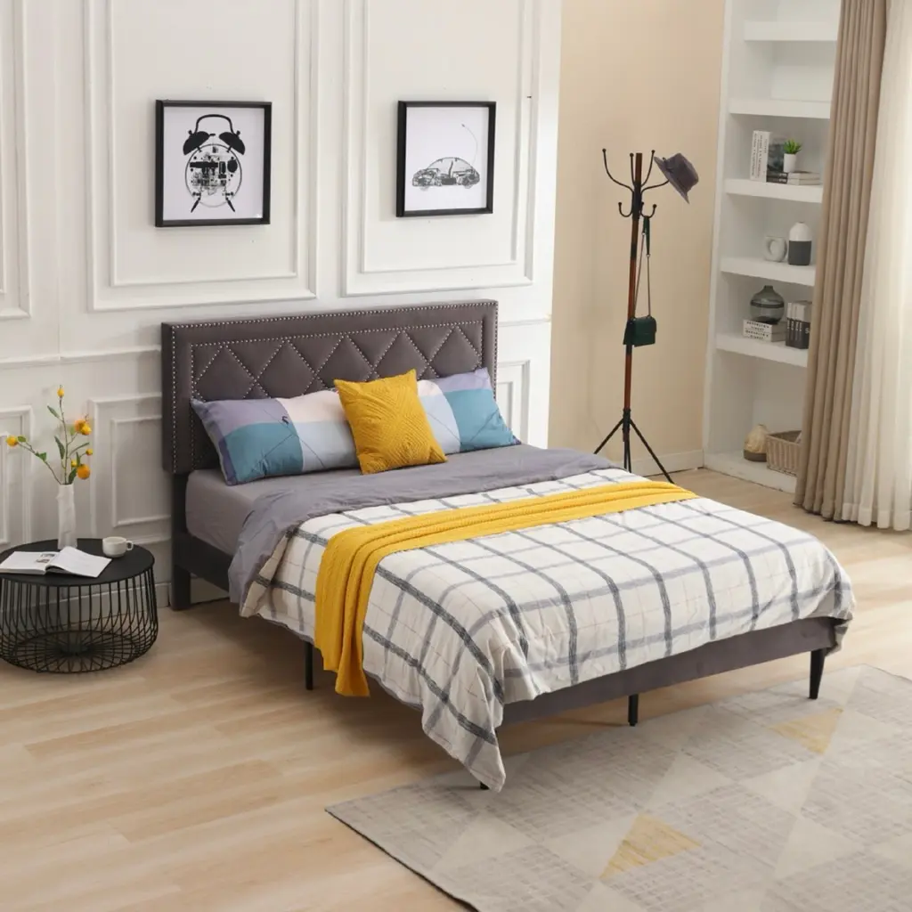 Modern Suede Velvet Curved Upholstered Bed Trim Queen Dark Grey Polyester o-life furniture