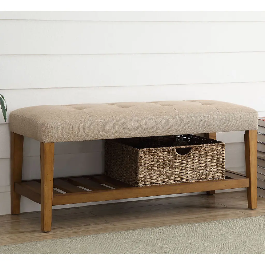 Beige And Oak Tufted Padded Seat Bench Bedroom and Living Room furniture max