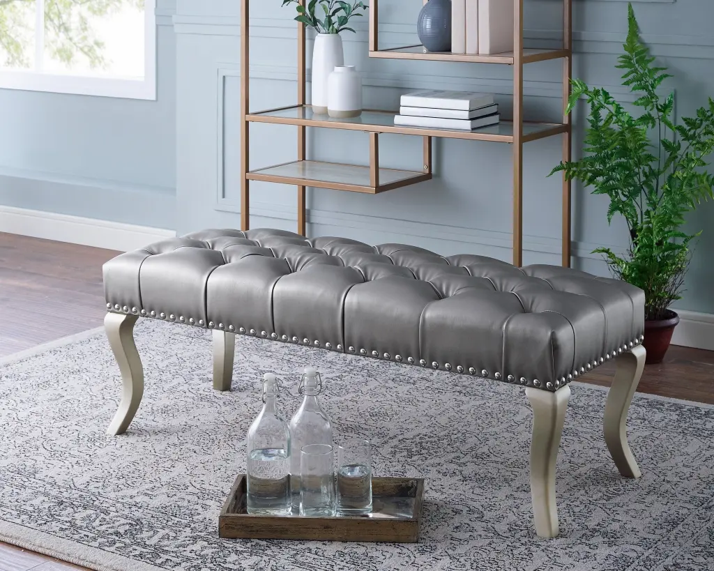 Decor Maxem Tufted Upholstered Bench Silver Faux Leather Trim Living Room hz