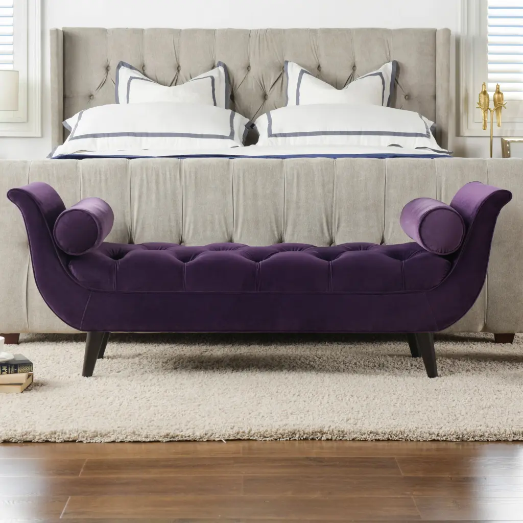 Alma Tufted Flared Arm Entryway Bench Purple Velvet Upholstered Foam Cushion jennifer taylor home