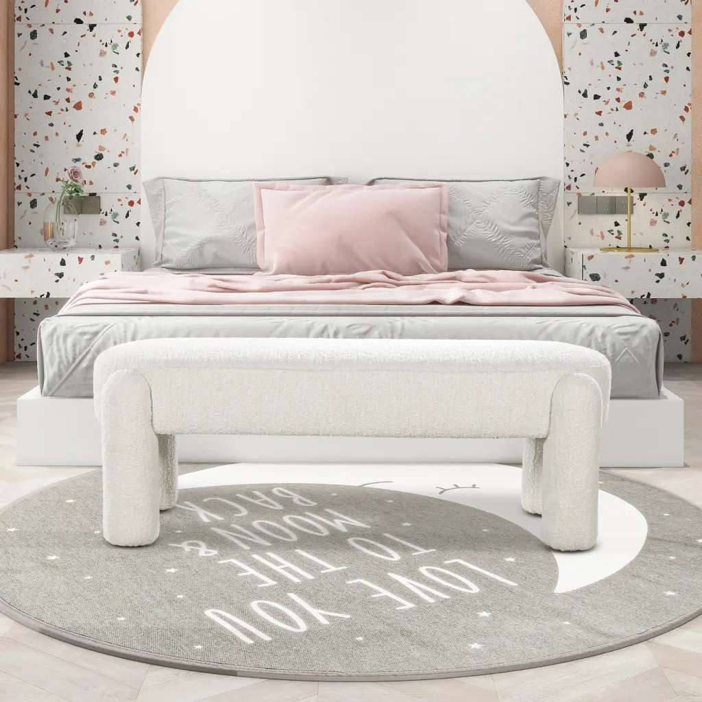 Hugo 49 Inch Oval Fully Upholstered Bench Milk Cream White Boucle jennifer taylor home