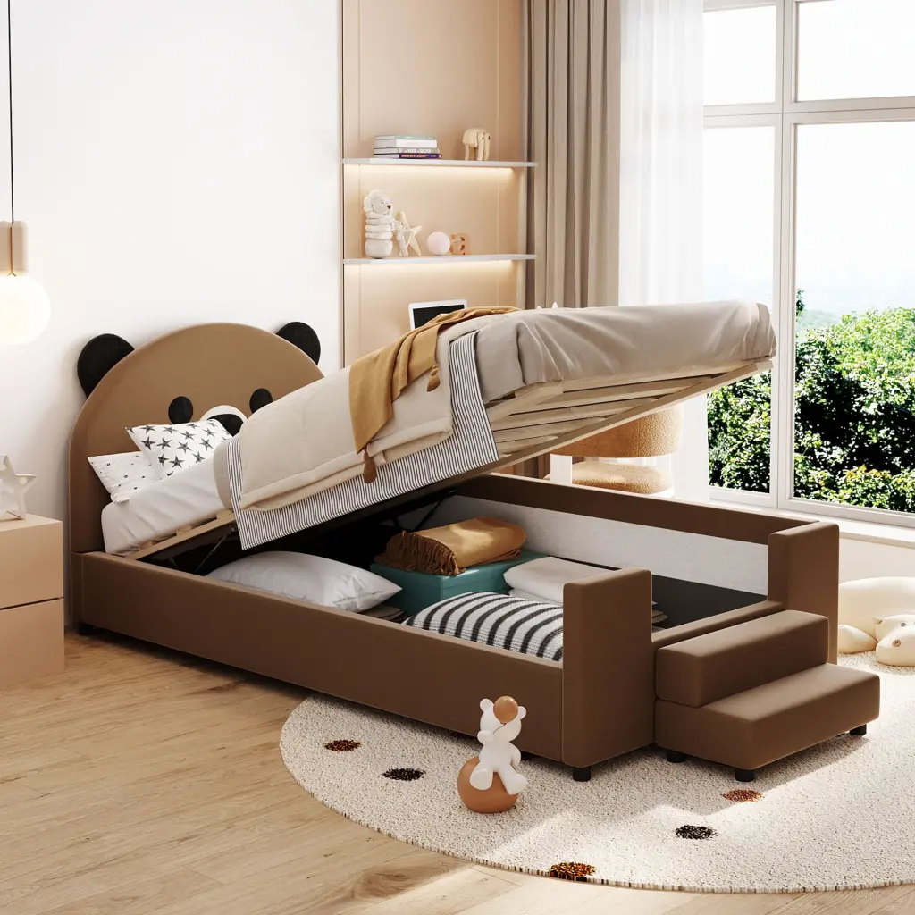 Twin Size Upholstered Daybed Bear Influenced Headboard and Hydraulic Storage System lucky world