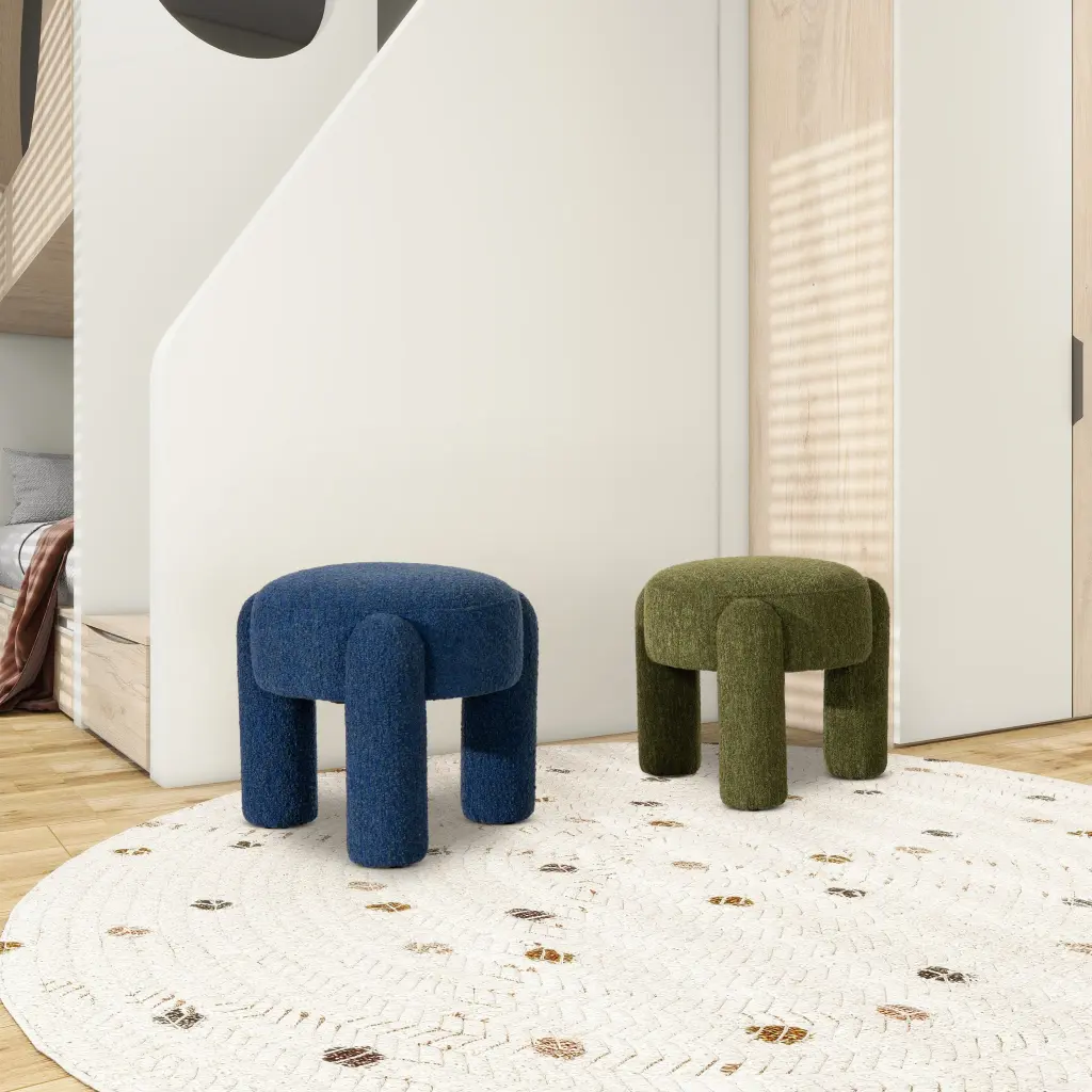 Hugo 20.5 Inch Round Fully Upholstered Ottoman Cerulean Blue Boucle Fabric Footstool jennifer taylor home