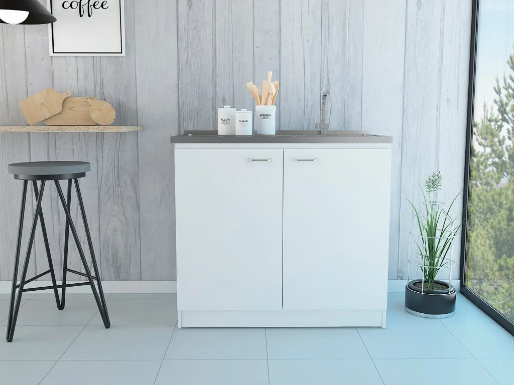 White Rectangle 2 Door Utility Sink and Cabinet Particle Board Storage furniture max