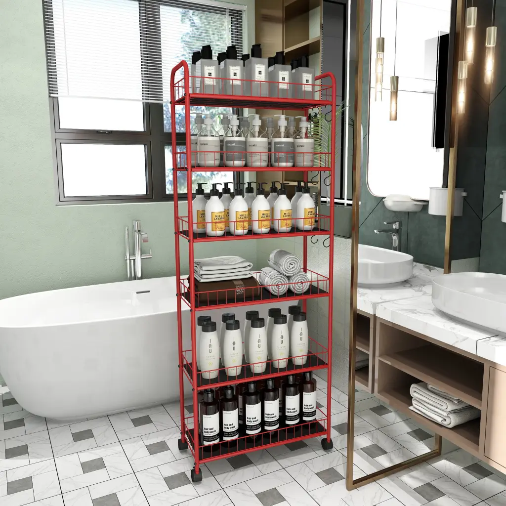 Red 6 Tier Slim Rolling Storage Shopping Basket Mobile Shelving Unit Wheels rnb