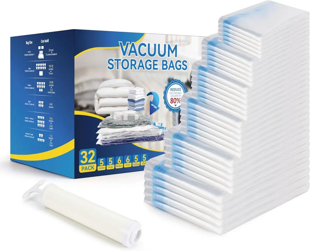 32 Pack Vacuum Storage Bags 5 Jumbo 5 Large 6 Medium 6 Small 5 Roll w1134dhs