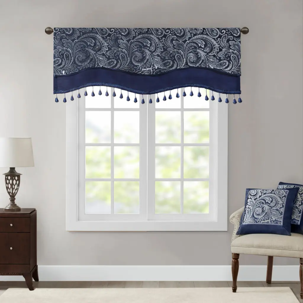 50x18 Inch Navy Jacquard Window Valance Beads Rod Pocket Design jla