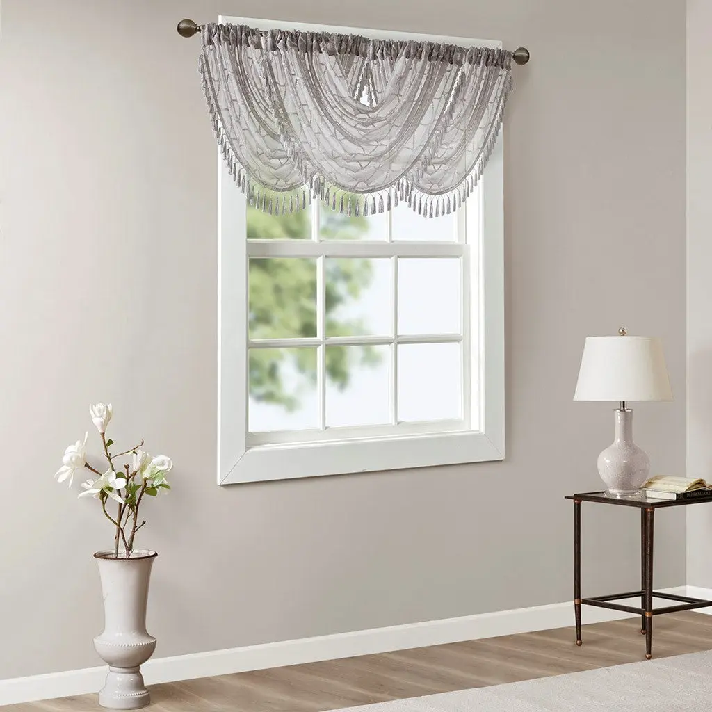 Diamond Sheer Embroidered Waterfall Valance Grey 38X46 Inches Polyester jla