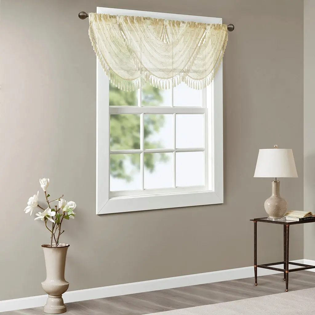 Diamond Sheer Embroidered Waterfall Valance Ivory 38X46 Inches Polyester Window Curtain jla