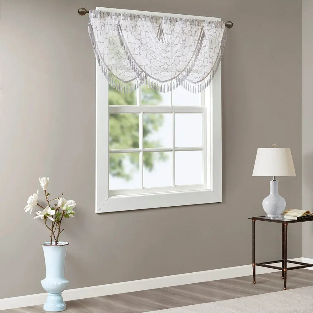 Diamond Sheer Embroidered Waterfall Valance White Grey 38X46" jla
