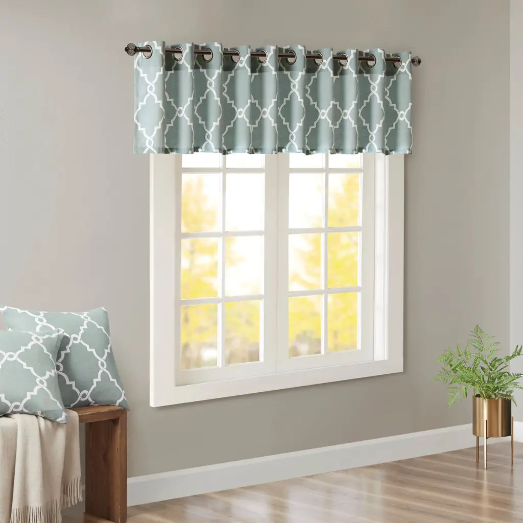 Fretwork Print Grommet Top Window Valance Seafoam White 50X18" - Elegant Curtain jla