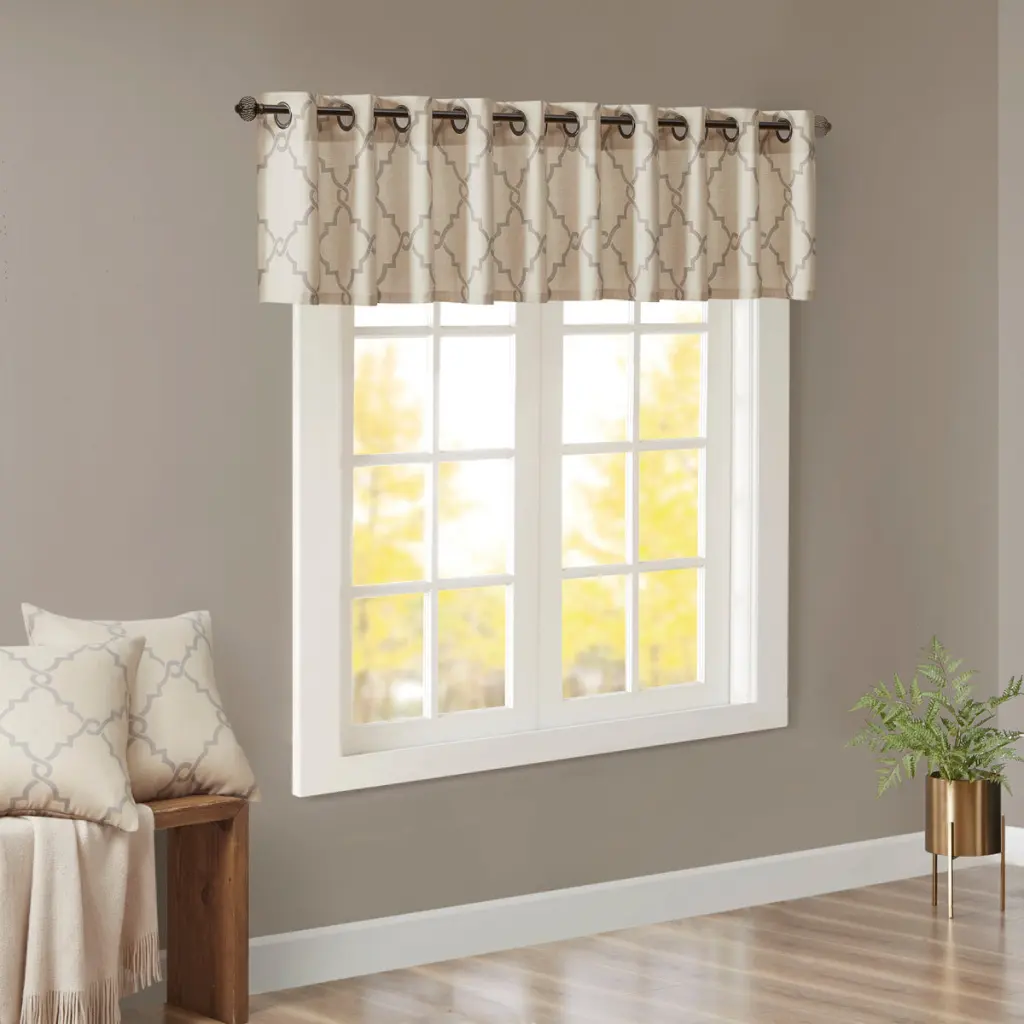 Fretwork Print Grommet Top Window Valance Beige Grey 50X18 Inches Curtain jla
