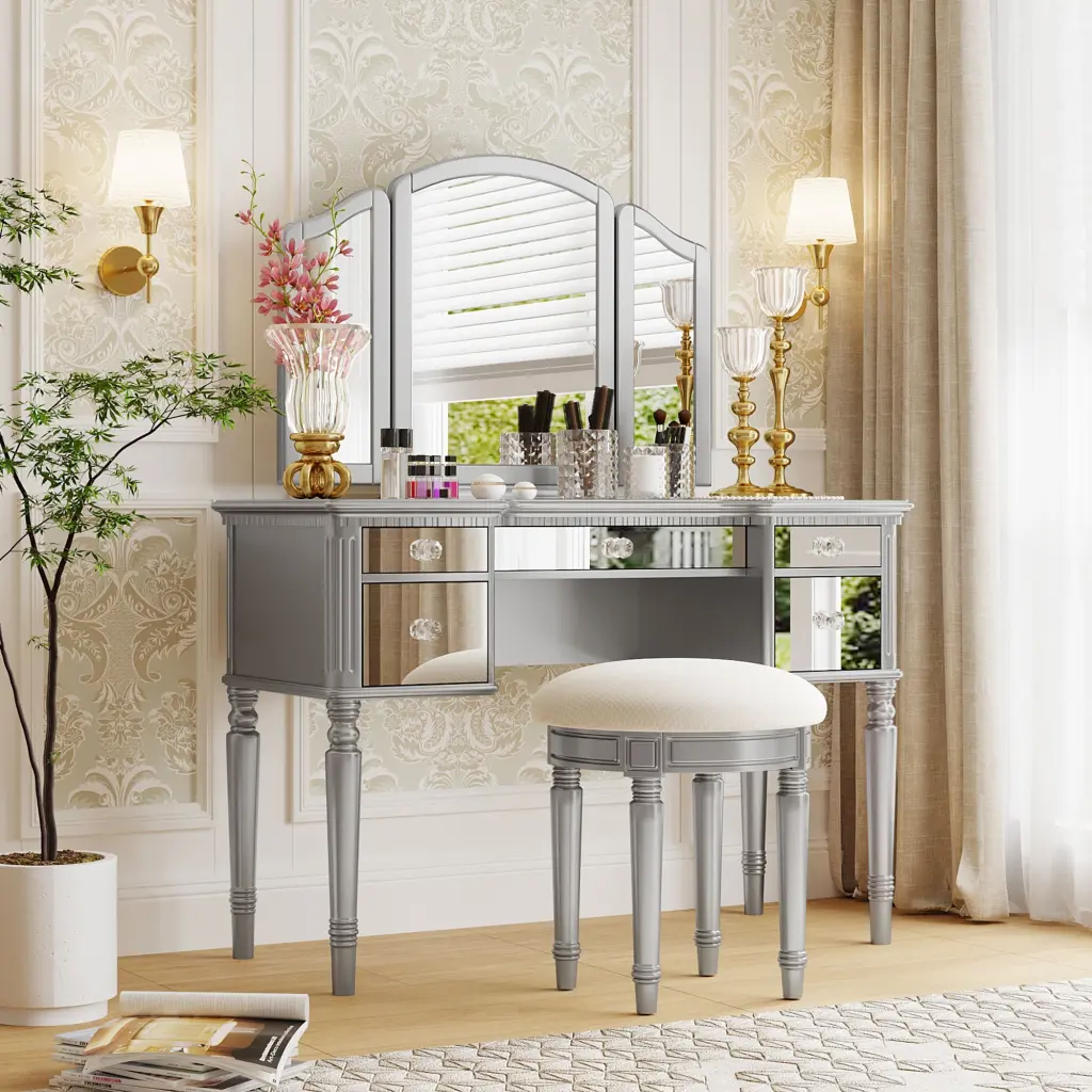43 Gowning Table Set Mirrored Drawers and Stool Tri Fold Mirror Vanity