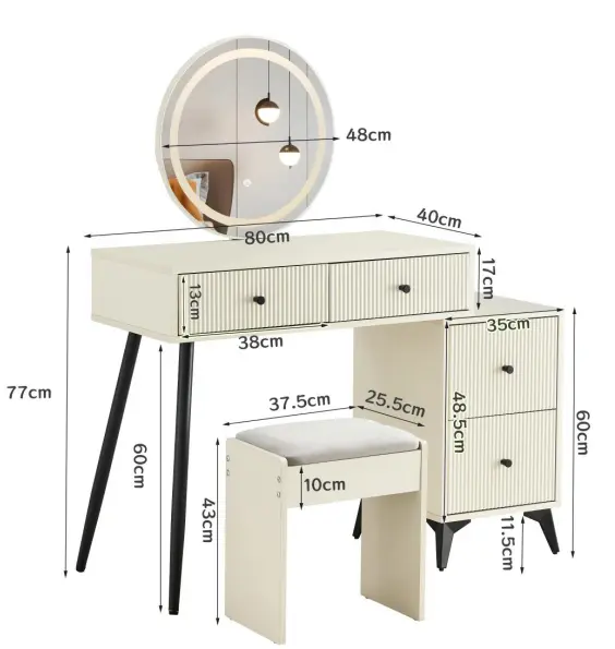 Fluted Makeup Vanity Desk Round LED Mirror and Lights d-n furniture