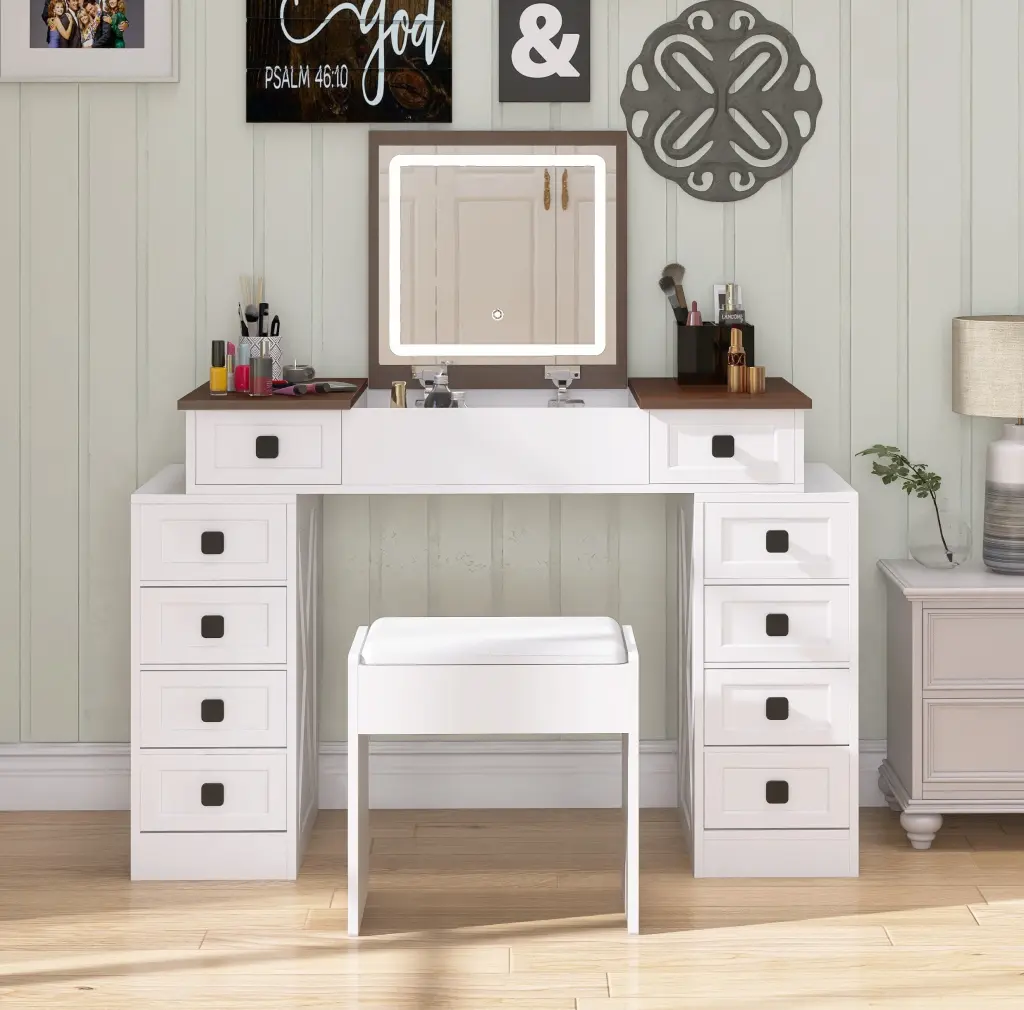 Vanity Desk Dimmable LED Light 10 Drawers Makeup Table Mirror familyroom furnitures