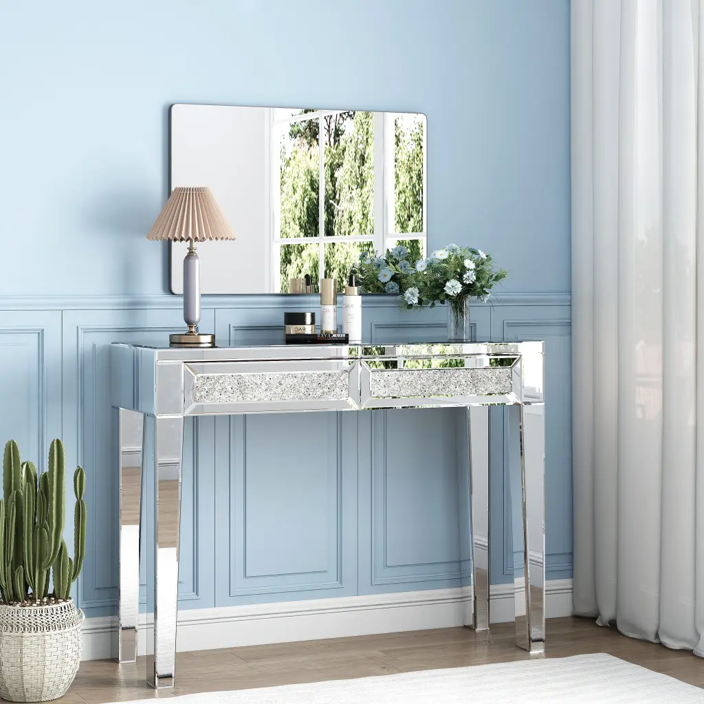 Mirrored Vanity Table Diamond Inlay 2 Drawer Silver Finish Makeup Desk glam furniture