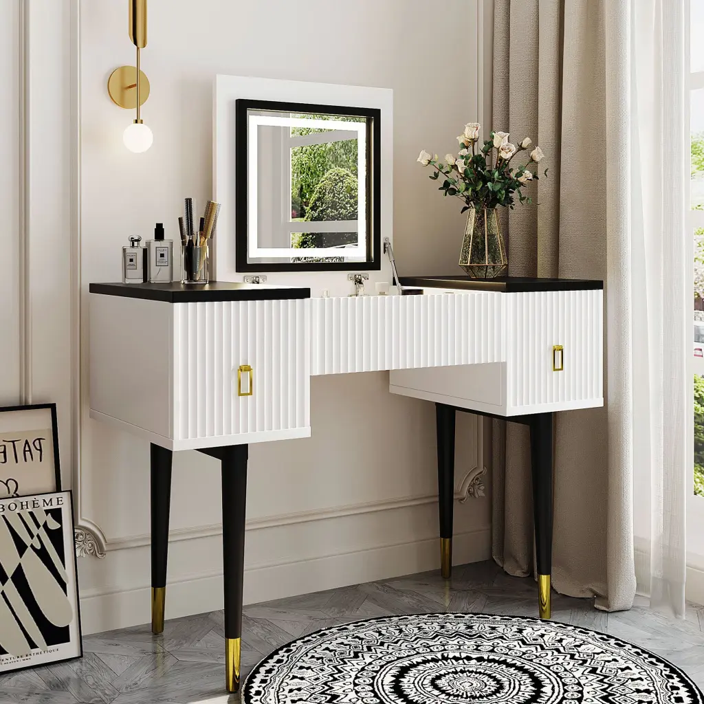 43.3 Inch Modern Vanity Table Set Flip Top Mirror and LED Light Dresser go