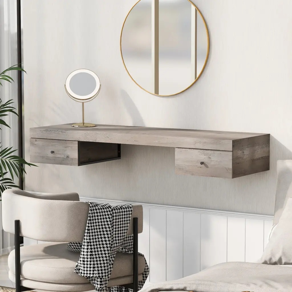47.2 Inch Wall Mounted Vanity Desk Floating Vanity Shelf Drawers and Dressing Mirror go