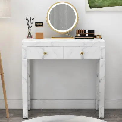 Tempered Glass Marble Texture Vanity Dressing Table White Glass Modern Makeup Desk hongsing furniture