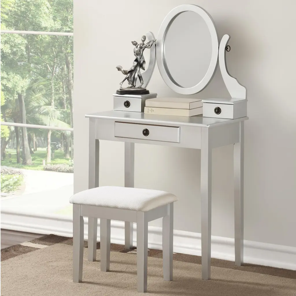 Moniya Makeup Vanity Table and Stool Set Shiny Metal Wood Design hz