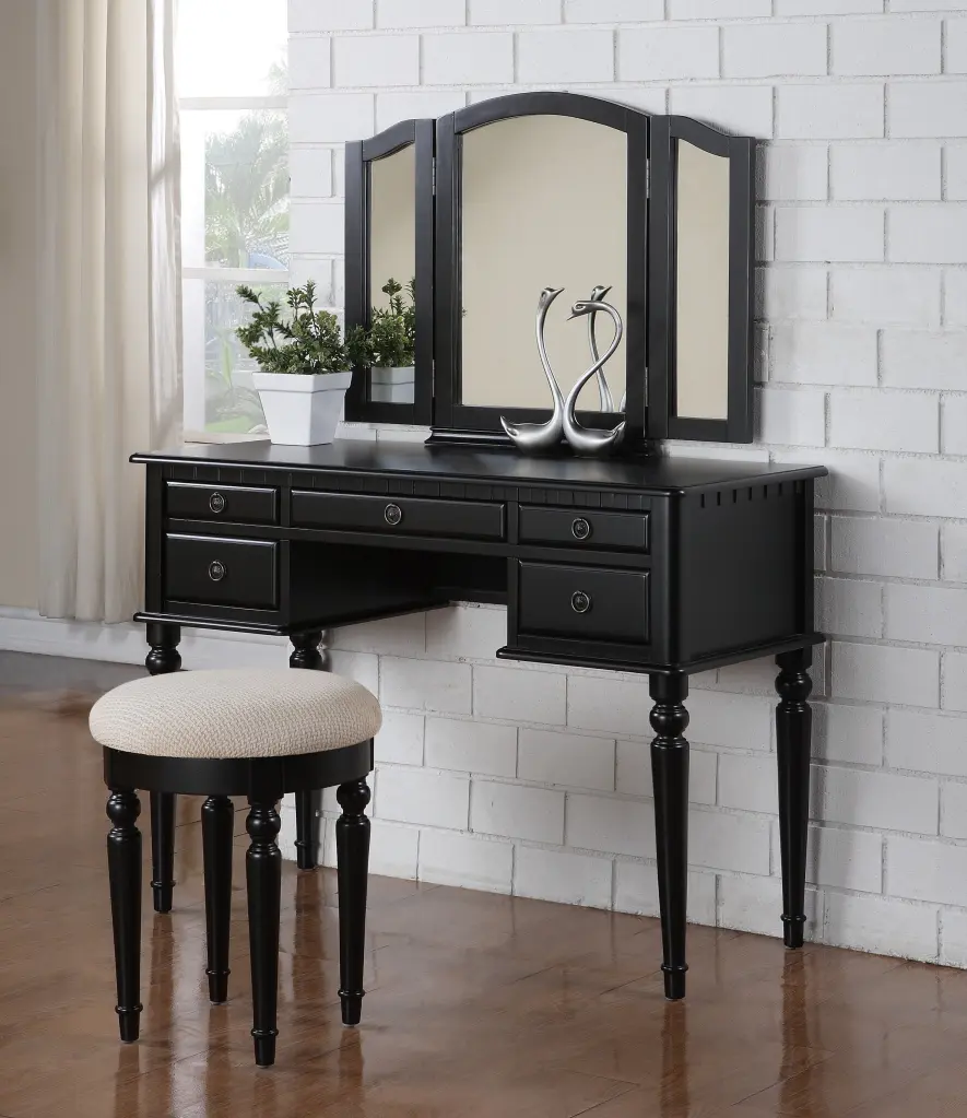 Contemporary Black Vanity Set Collapsible Mirror Stool and Drawers Bedroom kanepe