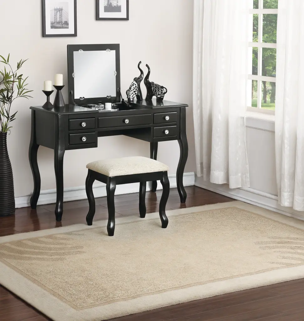 Timeless 1Pc Vanity Set Stool Black Color Drawers Open Up Mirror Bedroom kanepe