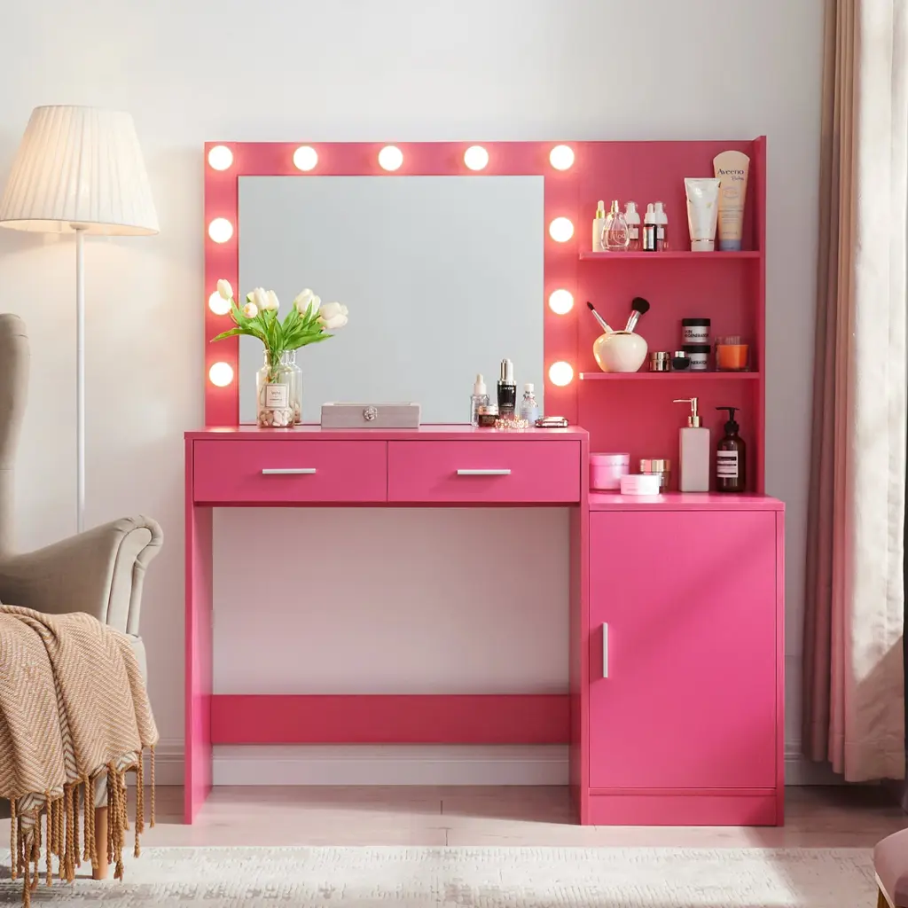 Vanity Desk Mirror and Lights 46.4 Inch Dressing Table 2 Large Drawers mirrotowel