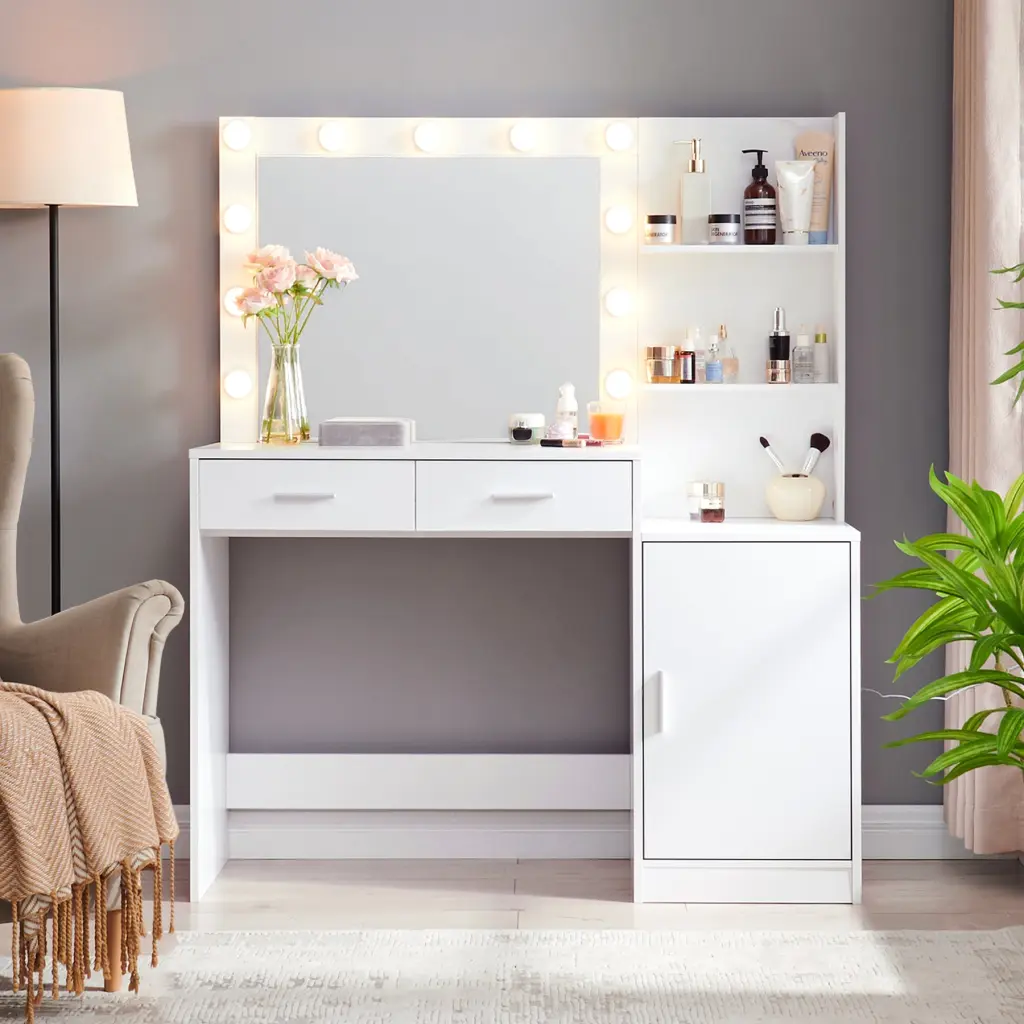 Vanity Desk Mirror and Lights 46.4 Inch Dressing Table Drawers mirrotowel