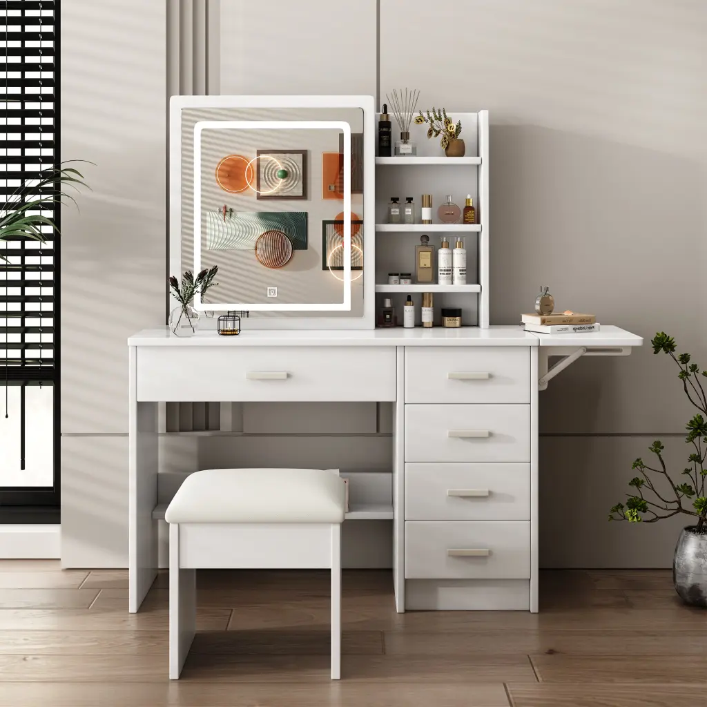 Fashion Vanity Desk Mirror and Lights, Open Shelf Makeup Table Cosmetics montary