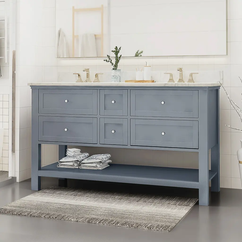 61 Inch Bathroom Vanity Marble Top Double Ceramic Sinks And 4 Drawers nh-bo