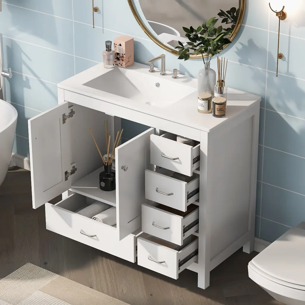 36 Inch White Bathroom Vanity Ceramic Sink Bundle Abundant Storage rnb