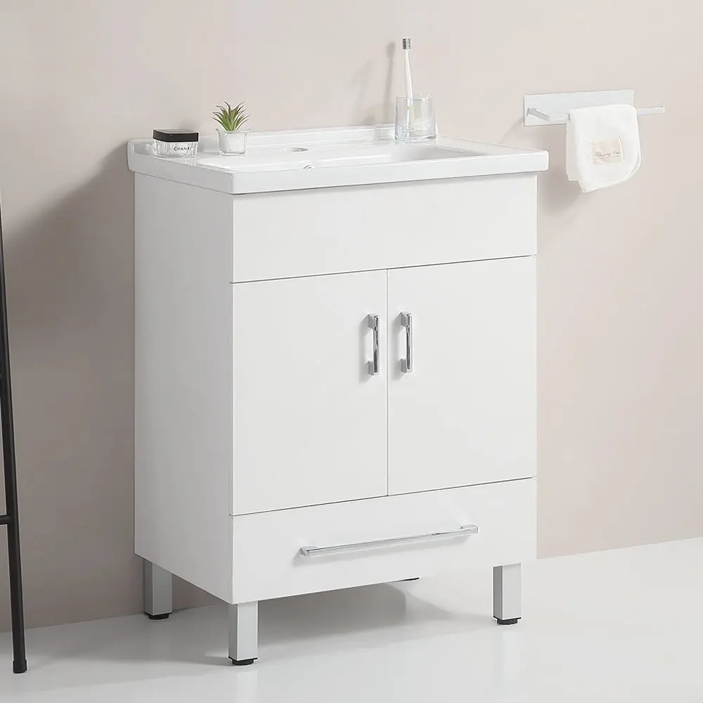 24 Inch Double Doors White Bathroom Cabinet Drawers and Ceramic Top gf