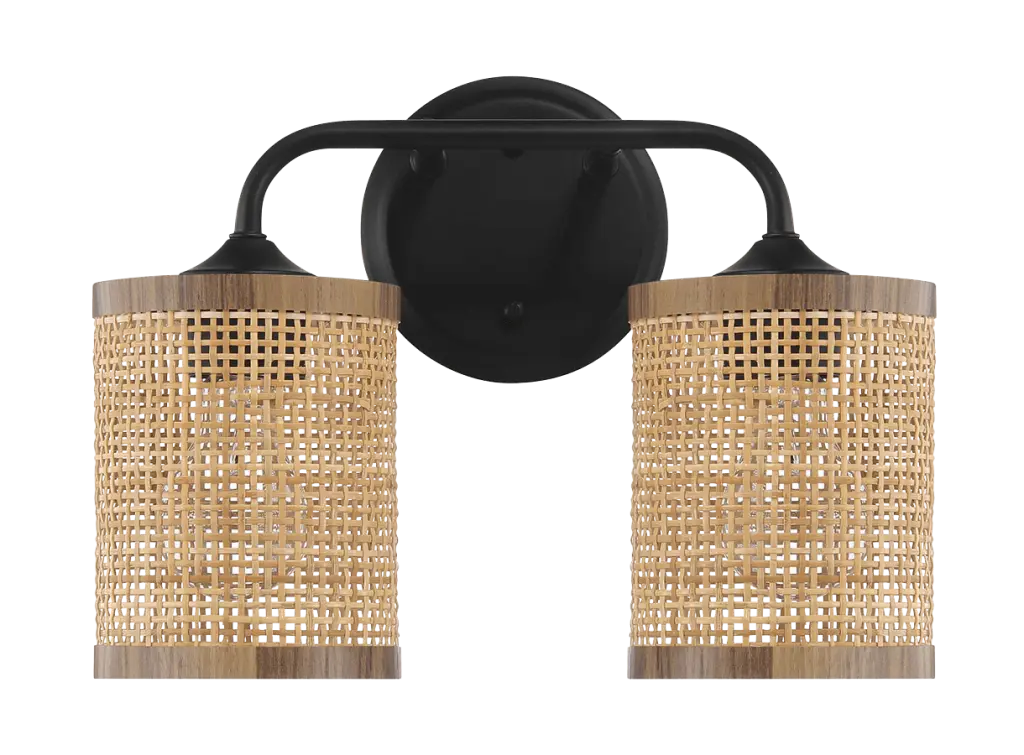 Quell Double Light Vanity Wall Lamp Natural Rattan Shade Black ashcroft furniture