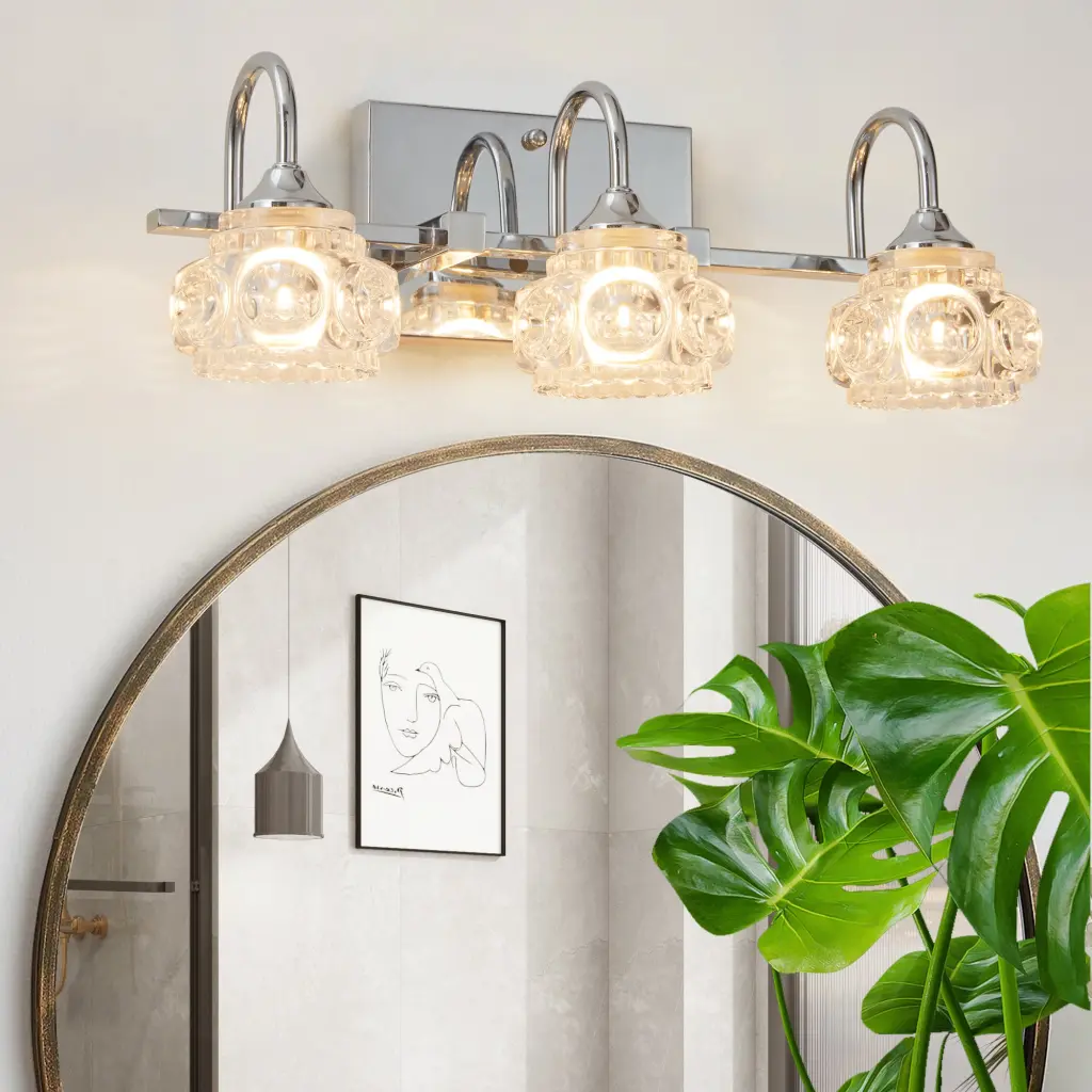 Brushed Nickel Finish Vintage Glass Vanity Light Elegant 3 Light Bathroom Fixture lighting commune