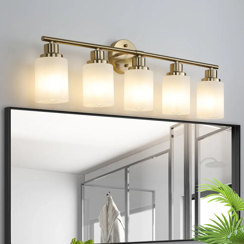5 Light Golden Bathroom Vanity Light Fixture Frosted Glass Shades Modern Bathroom Lighting lighting commune