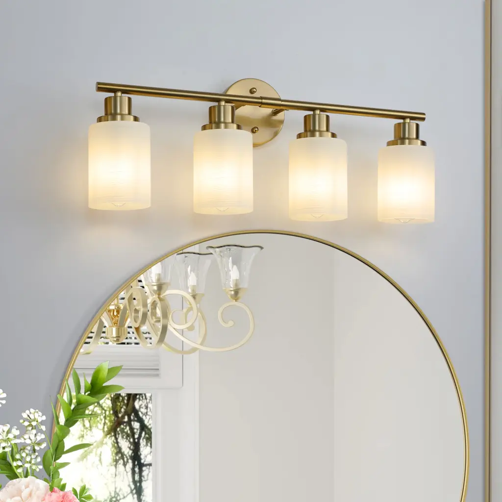 4 Light Golden Bathroom Vanity Light Fixture Frosted Glass Shades - Modern Lighting lighting commune