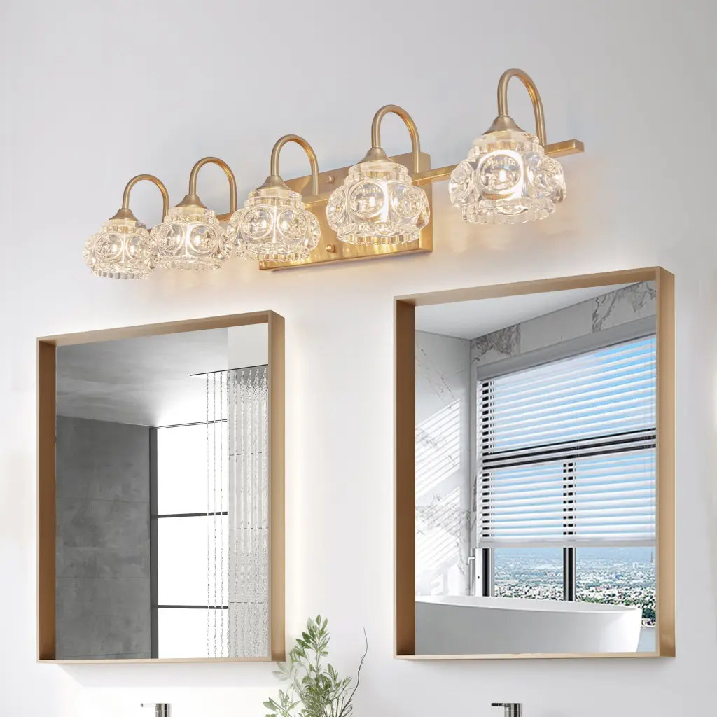Modern Crystal Bathroom Vanity Light 5 Light Golden Wall Sconce Fixture lighting commune