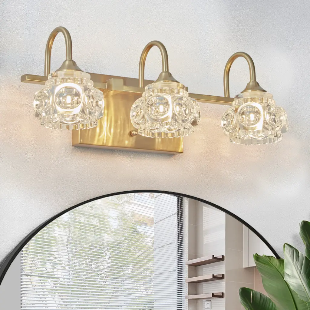 Modern Glass Bathroom Vanity Light 3 Light Precious Metal Wall Sconce lighting commune
