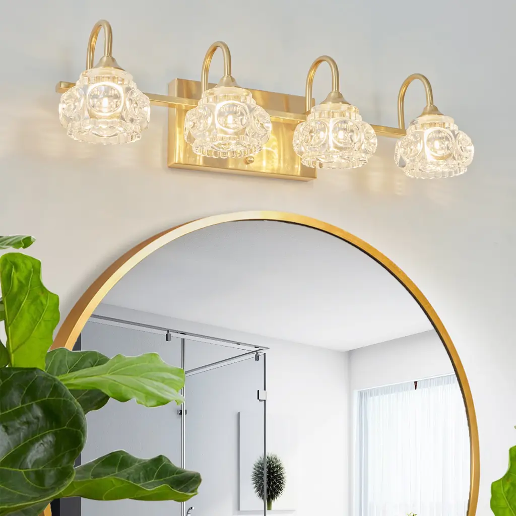 Modern Glass Bathroom Vanity Light 4 Light Precious Metal Wall Sconce lighting commune