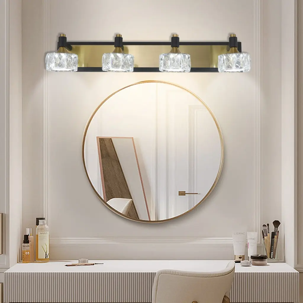Modern 4 Light Crystal Bathroom Vanity Light Over Mirror Wall Fixture lighting commune