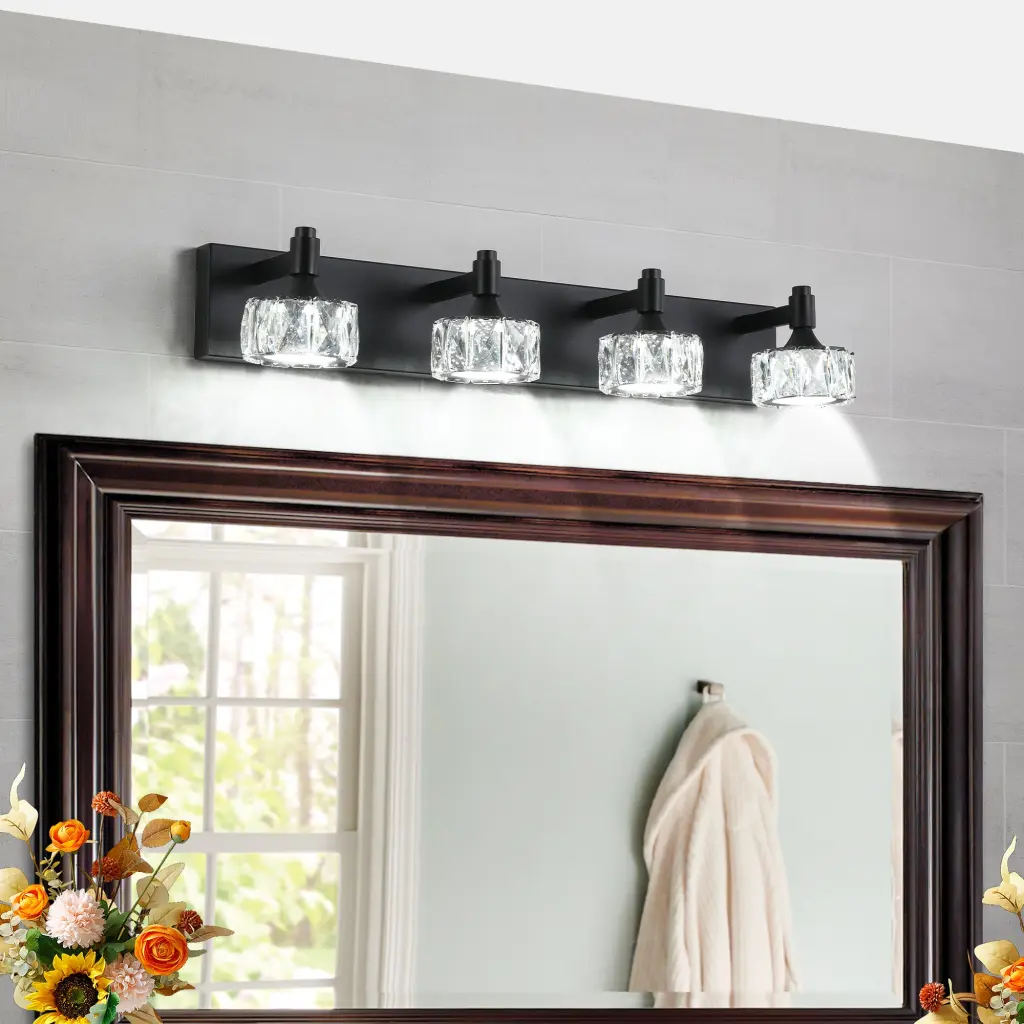 Modern 4 Light Matte Black LED Vanity Light Fixture Crystal Glass Bathroom Lighting lighting commune
